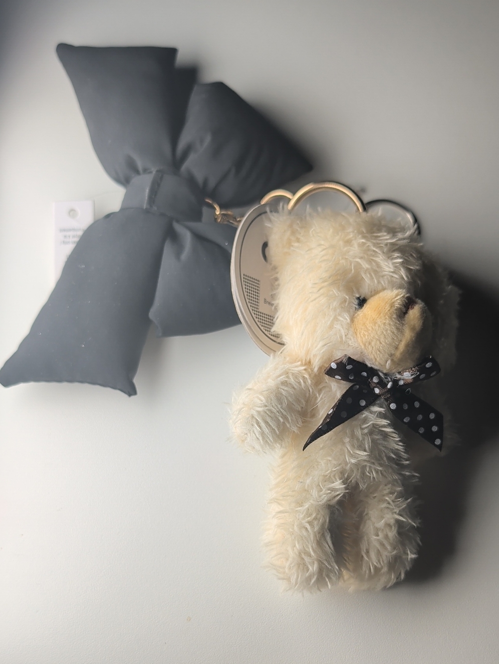 Plush Cream Teddy Bear Keychain with Black Polka Dot Bow